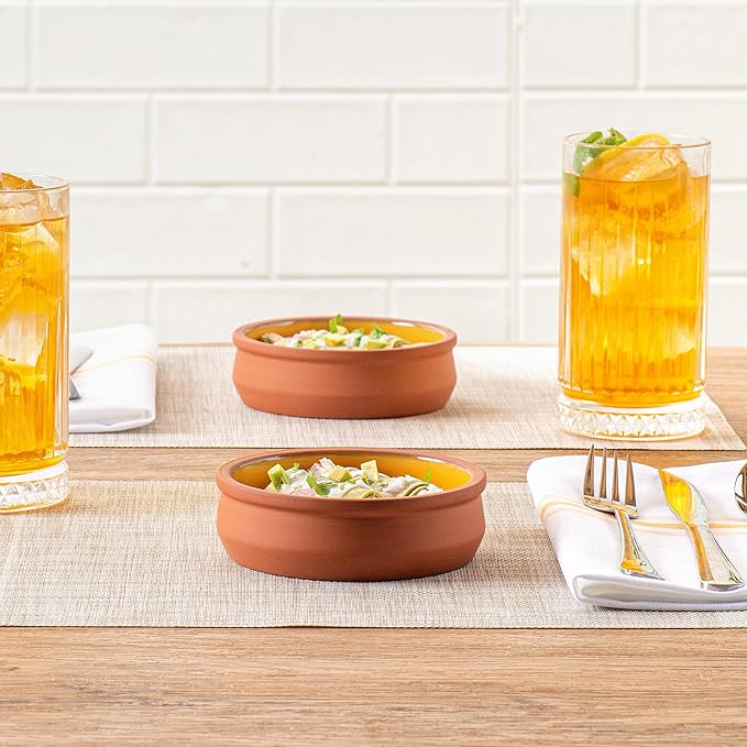 Restaurantware-Terra Tek 8.5 Ounce Terracotta Cazuelas, 2 Yellow Glazed Clay Pots For Cooking - Oven-Ready, Microwavable, Terracotta Serving Pots, Dishwashable, For Cooking And Serving