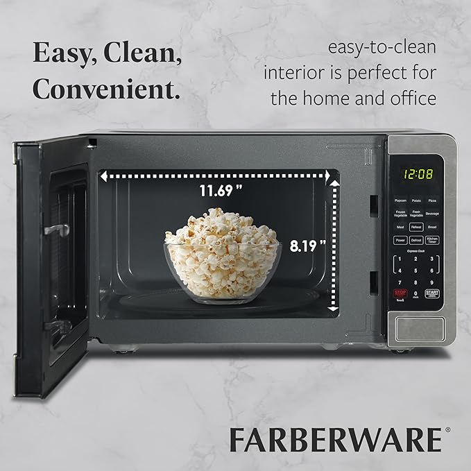 Farberware 0.7 Cu. Ft. Stainless Steel Microwave Oven, 700-Watt with LED Display, 10 Power Levels, 8 Auto-Cook Presets, Express Cooking, Weight & Time Defrost