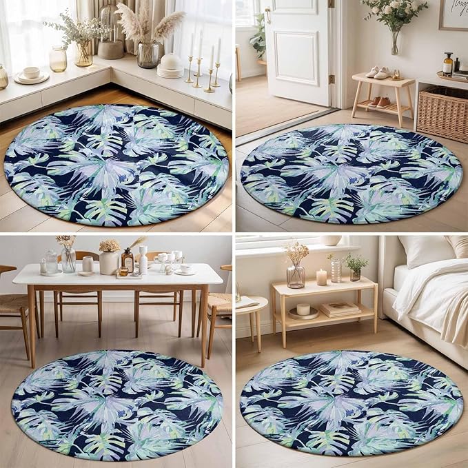 Washable Round Area Rug Watercolor Blue Teal Palm Leaves Circle Rugs Floor Carpet for Living Room Bedroom, Abstract Botanical Soft Non Slip Round Rug 5ft