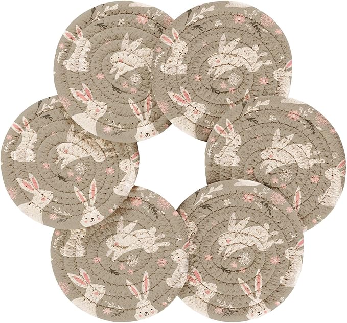 YETTASBIN Cute Bunny 6 Pcs Drink Coasters with Holder, Cotton Woven Absorbent Heat-Resistant Round Coaster Non-Slip Table Mat for Kitchen Bar Home Decor Housewarming Gift, 3.9 in