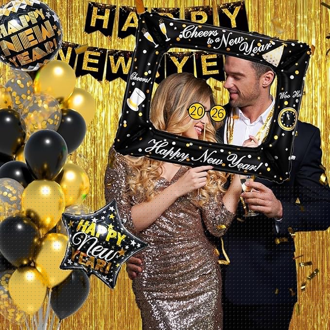 Happy New Year Decorations 2026 - New Year Eve Party Supplies with Glitter Fringe Curtain/ new Years Eve Balloons/ Happy new year Banner Foil Balloons/ 1 Sets Photo Booth Props & Dots Garlands