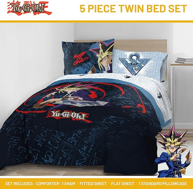 Jay Franco Yu-Gi-Oh! Twin Size Comforter Set - 5 Piece Bedding Includes Sheet Set & Pillow Covers - Super Soft Cozy Bedding