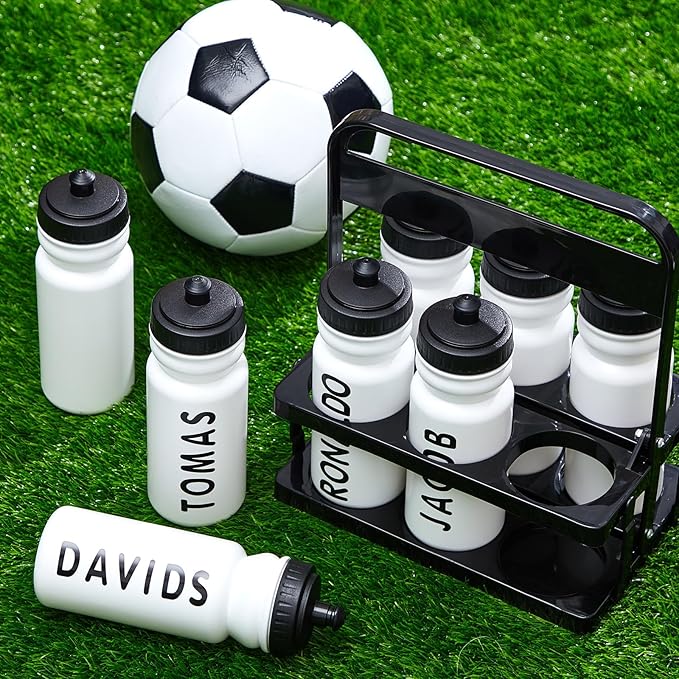 Suclain Water Bottle Carrier with 20 Oz Bottles and Stickers Plastic Wide Mouth Sports Water Bottle Squeeze Team Bottles with Black Lid for Fitness Bike Gym(14 Pcs,White)