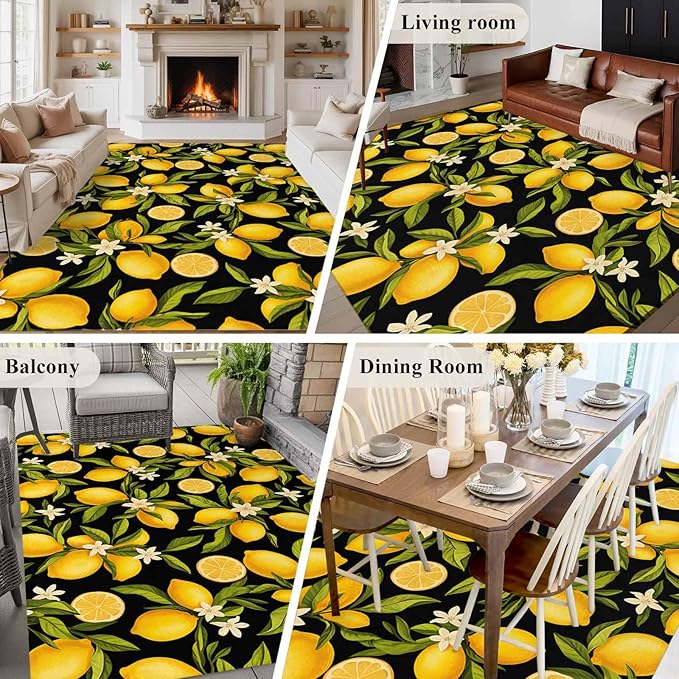 Area Rug 6x9ft, Summer Lemon Flower Washable Rugs for Living Room Bedroom, Plant on Black Soft Non-Slip Area Rugs Rectangle Floor Carpet for Dining Room