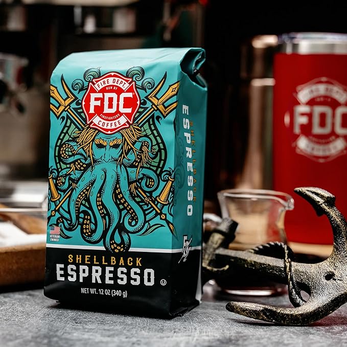 Fire Department Coffee Shellback Espresso Medium Roast Whole Bean Coffee - 12 oz (12 Pack) - Gives Back to Firefighters - Roasted in the USA - Veteran Owned