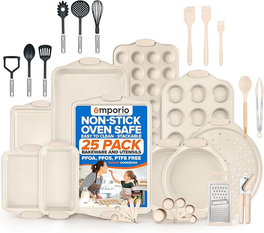 Emporio Kitchen Baking Pan Set - Nonstick Coating, Carbon Steel Bakeware Set with White Silicone Handle, PFOA, PFOS, PTFE Free, Recipe Booklet Included, Oven Safe Tray (Up To 450° F) Set of 25 - White