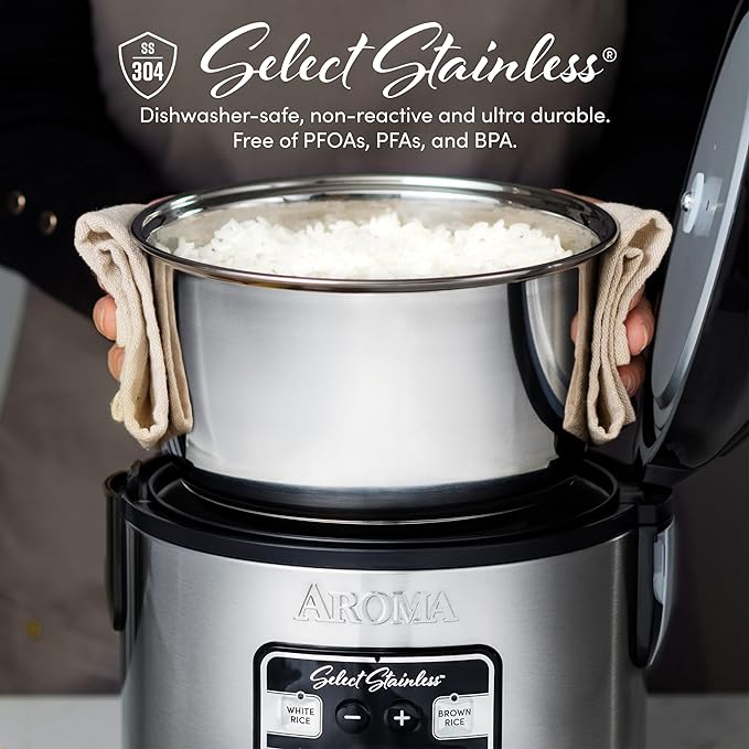 AROMA® Select Stainless® Rice Cooker, 4-Cup (Uncooked) / 8-Cup (Cooked), 2 Qt, Stainless Steel Inner Pot, Multicooker, Steamer, Stainless Steel, ARC-914SBDS