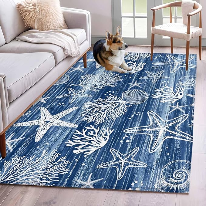Navy Blue Coastal 4x6 Area Rugs, Ocean Coral Starfish Non-Skid Rubber Backing Large Rectangle Rugs - Living Room Bedroom Home Office, Summer Beach Indoor Floor Mat Carpets Washable Rug