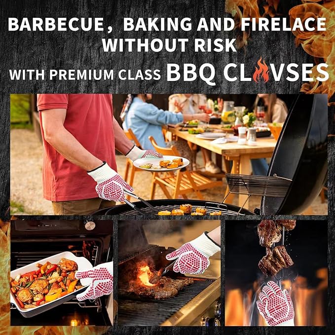 BBQ Gloves, Oven Gloves Extreme Heat & Cut Resistant Oven Mitts with Fingers for BBQ, Cooking, Grilling, Baking Grilling Gloves Silicone Non-Slip Oven Mitts, Kitchen Gloves (red)