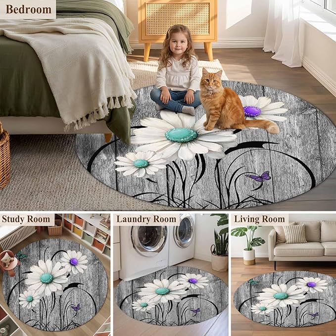 Washable Round Area Rug Farm Daisy Shabby Wood Grain Circle Rugs Floor Carpet for Living Room Bedroom, Vintage Flower Plant Butterfly Soft Non Slip Round Rug 3ft
