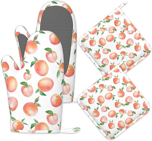 Watercolor Peaches Oven Mitts and Pot Holders Sets,Silicone Kitchen Mitts Potholders Heat Resistant 4Pcs Oven Gloves Hot Pads for Kitchen Baking Cooking