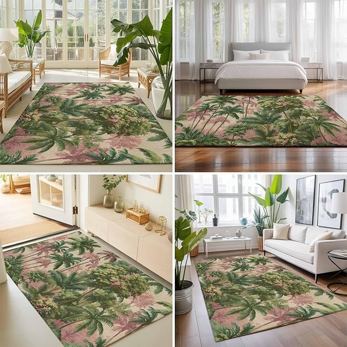 Area Rug 8x10ft, Exotic Forest Green Pink Palms Tree Washable Rugs for Living Room Bedroom, Vintage Botantical Soft Non-Slip Area Rugs Rectangle Floor Carpet for Dining Room