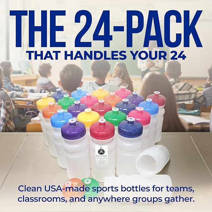 Rolling Sands Reusable Bulk Water Bottles 24 Pack - 20 Oz Sports Water Bottles, USA Made, BPA-Free, Wide Mouth for Easy Cleaning, Dishwasher Safe, Break Resistant - White Bottle/Orange Lid