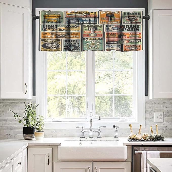 Cars Service Valance Curtain Garage Station, Automotive Diagnostic, Engine, Tire Fitting, Vehicle Repair Shop Curtains Valances for Kitchen Living Room Decor with Rod Pocket, One Panel 54X18 Inches