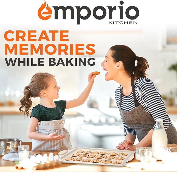 Emporio Kitchen Baking Pan Set - Nonstick Coating, Carbon Steel Bakeware Set with White Silicone Handle, PFOA, PFOS, PTFE Free, Recipe Booklet Included, Oven Safe Tray (Up To 450° F), Set of 6 - White