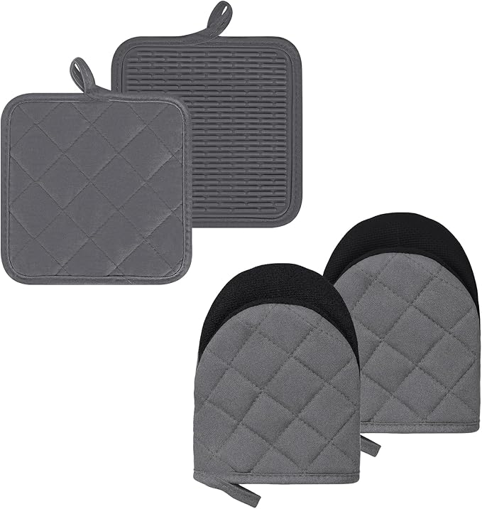 Oven Mitts and Pot Holders Set, Pack of 4, Heat Resistant Silicone Kitchen Mini Oven Mittens for 500 Degrees, Mini Oven Gloves and Hot Pads for Baking Grilling Barbecue Microwave Machine Washable