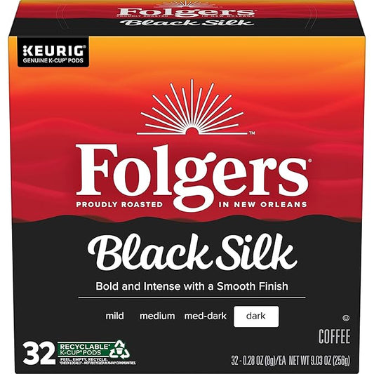 Folgers Black Silk Dark Roast Ground Coffee, 32 Keurig K-Cup Pods