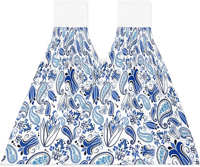 Alandar Home Kitchen Tie Towel Set of 2, Watercolor Paisley Bandanna Absorbent Soft Hand Towels for Bathroom Hanging Towels, Abstract Blue Flowers Fast Drying Cleaning Cloth with Loop