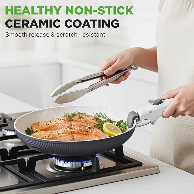 NutriChef 18-Piece Ceramic Cookware Set with Detachable Handles, Space-Saving Nonstick Pots, Pans & Lids, Oven-Safe Bowls, Stackable Storage, Includes Cooking Utensils & Accessories (Gray)