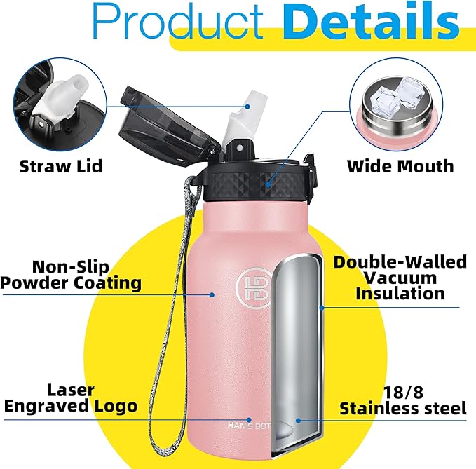 Han's Bottle Kids Water Bottle with Straw Lid - Insulated Stainless Steel Reusable Tumbler for Girls,Boys,Thermo Mug,12oz,Blush