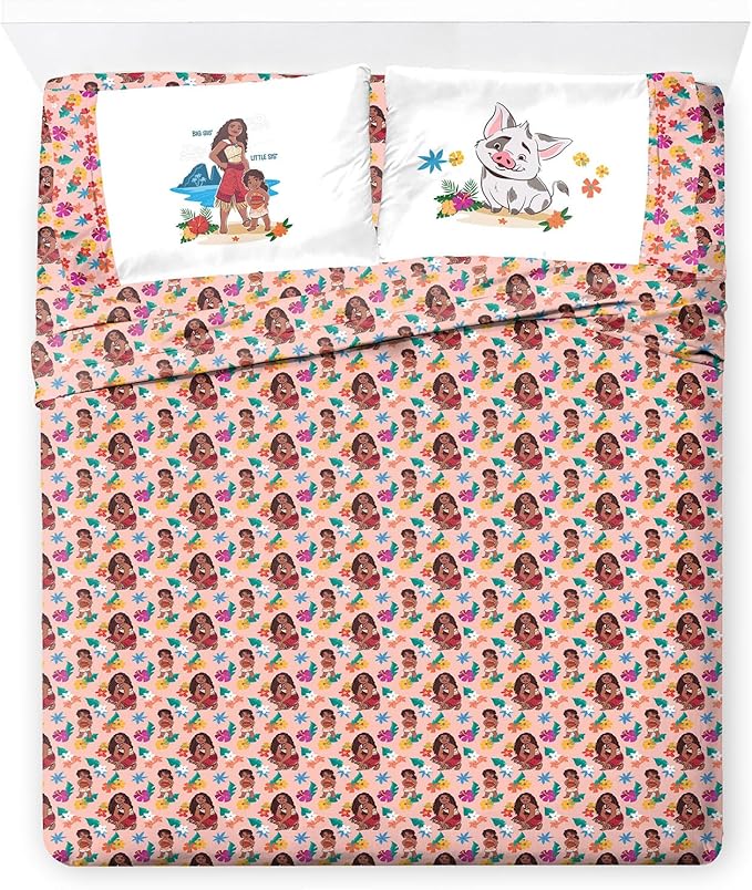 Jay Franco Kids Sheet Set with Fitted, Flat Sheets & Pillow Cover - Ultra-Soft Bedding with Pillowcase for Room Decor, Pink - Moana, 4 Piece Queen