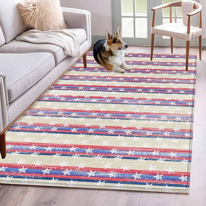 Area Rug 4x6ft, American Star Stripe Washable Rugs for Living Room Bedroom, Retro Independence Day Theme Soft Non-Slip Area Rugs Rectangle Floor Carpet for Dining Room