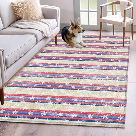 Area Rug 4x6ft, American Star Stripe Washable Rugs for Living Room Bedroom, Retro Independence Day Theme Soft Non-Slip Area Rugs Rectangle Floor Carpet for Dining Room