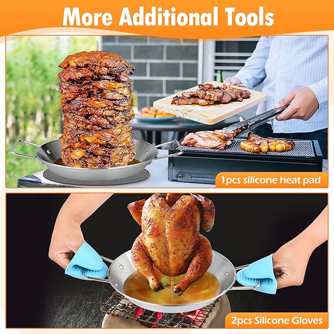10 Inch Al Pastor Skewer for Grill, Stainless Steel Vertical Skewer Pan Vertical Rotisserie with 3 Removable Barbecue Skewers (8" 10" 12") Gloves and Mat for Tacos Al Pastor Shawarma Grill Oven Smoker