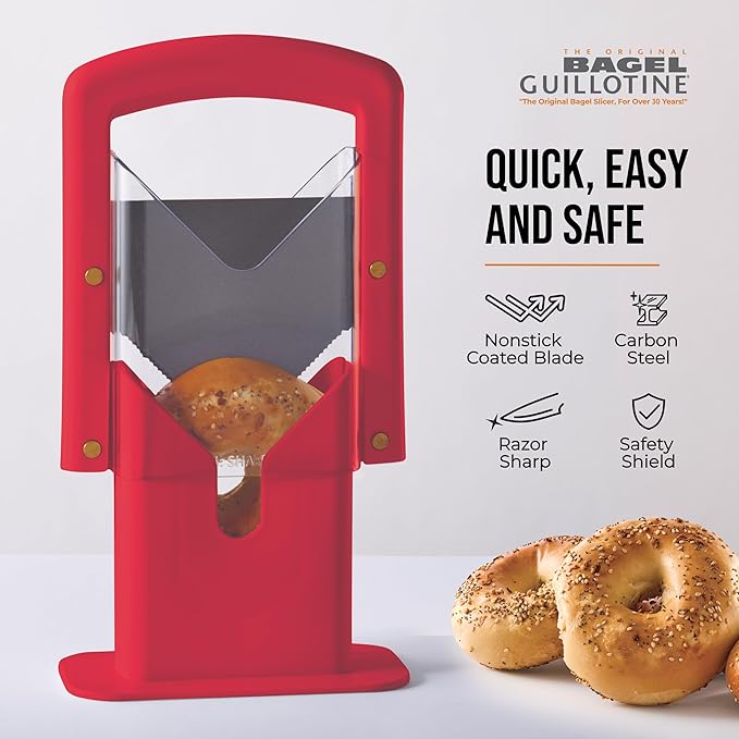 Hoan Bagel Biter Slicer and Cutter with Safety Shield - Serrated Blade Cuts Bagels, Muffins, Buns and Rolls - Dishwasher Safe Bagel Guillotine, 9.25 Inches Tall, Red