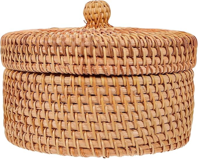 MAGICLULU Vintage Rattan Storage Box with Lid Small Round Woven Basket for Desktop Sundries Organizer Home Kitchen Storage