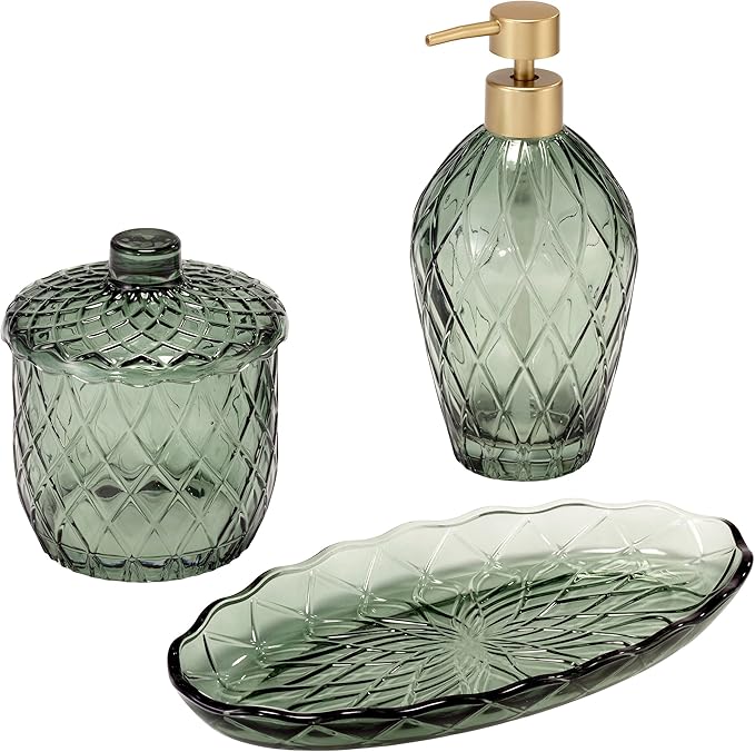 Nicole Miller – Vanity Accessory Set, Embossed Glass with Diamond Trellis Design & Scalloped Edge, Decorative Lotion Pump, Vanity Tray, & Covered Jar (Bijou Green)