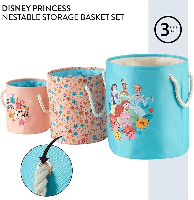 Disney Princess 3 Piece Fabric Storage Basket Set, Nestable Toy Storage Bins with Rope Handles, Kids Bedroom & Nursery Organizer