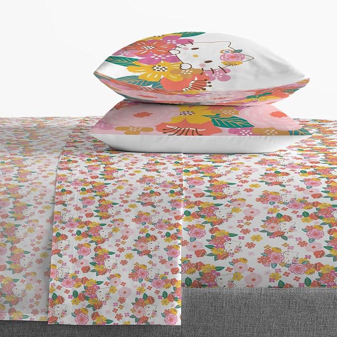 Jay Franco Sheet Set with Fitted, Flat Sheets & Pillow Cover - Ultra-Soft Bedding with Pillowcase for Room Decor, Multi - Hello Kitty, 4 Piece Queen