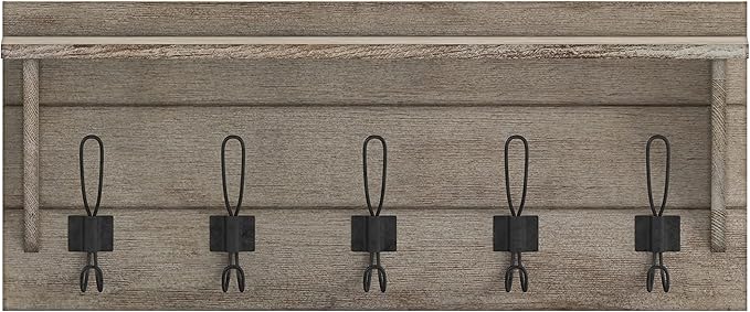 Flash Furniture Daly Wall Mounted Storage Rack - Weathered Solid Pine Wood - 24 Inch - Upper Shelf and 5 Hooks - For Entryway, Kitchen, Bathroom