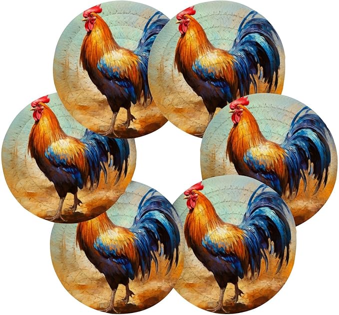 YETTASBIN Rooster 6 Pcs Drink Coasters with Holder, Cotton Woven Absorbent Heat-Resistant Round Coaster Non-Slip Table Mat for Kitchen Bar Home Decor Housewarming Gift, 3.9 in