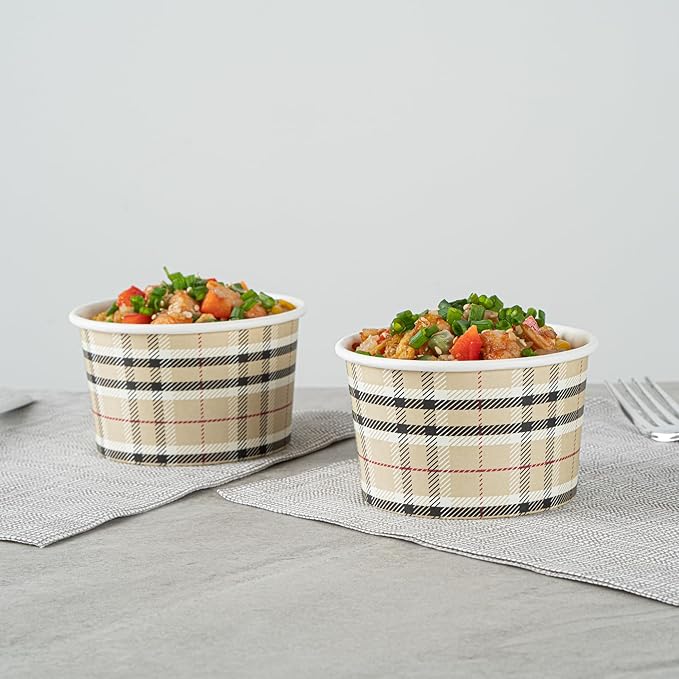 Restaurantware Coppetta 5 Ounce Dessert Cups, 50 Disposable Ice Cream Cups - Lids Sold Separately, Sturdy, Plaid Paper FroYo Bowls, For Hot And Cold Foods, Perfect For Gelato Or Mousse