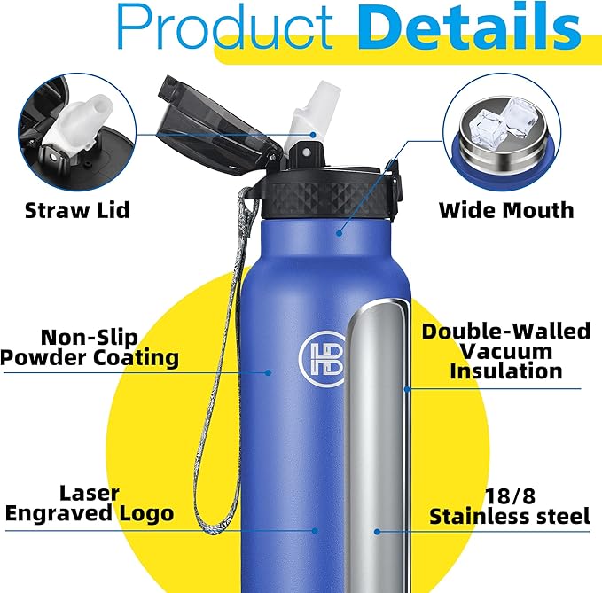 Han's Bottle Sports Water Bottle - 32 Oz, Straw Lid, Leak Proof, Vacuum Insulated Stainless Steel, Double Walled, Thermo Mug,Navy Blue