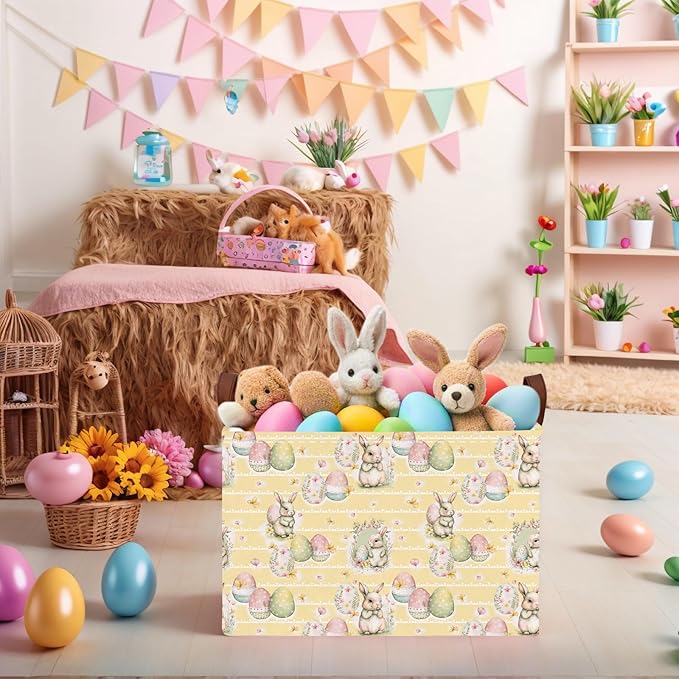 Kid Large Empty Easter Basket Gift Personalized Fabric Bunny Easter Basket for Boy and Girl Room Decor Storage Bin (Rabbit Easter Egg Butterfly Yellow)
