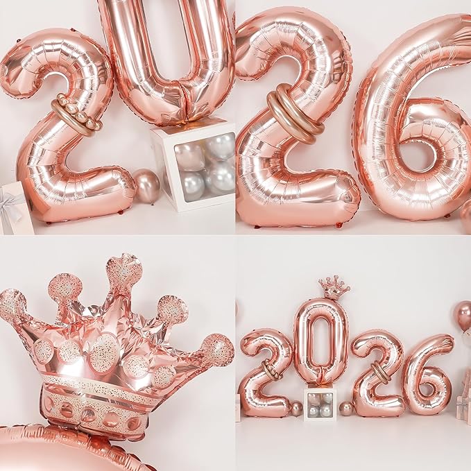 2026 Balloons Rose Gold,40 Inch 2026 Number Balloons with Foil Crown Balloons for Happy New Year Decorations New Years Eve 2026 Graduation Decorations Class of 2026 Party Supplies