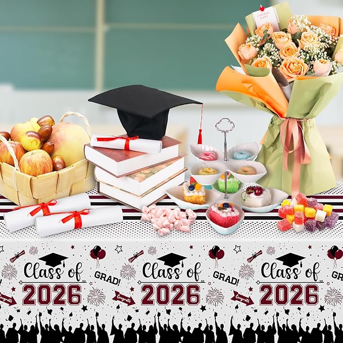 Graduation Decorations Class of 2026 Tablecloth - 3 Pcs Plastic Congrats Grad Table Cloth, Graduations Table Cover for Graduation Party Decorations 2026 and Party Supplies, 54"x108" (Maroon and Black)