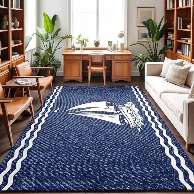 Area Rug 3x5ft, Nautical Sailing Boat on Steel Blue Washable Rugs for Living Room Bedroom, Vintage Water Waves Soft Non-Slip Area Rugs Rectangle Floor Carpet for Dining Room