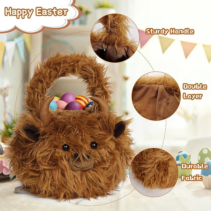 Easter Basket, Highland Cow Easter Baskets for Kids, Baskets with Handle for Gifts Empty, Bunny Egg Hunting, Basket Stuffers Essentials
