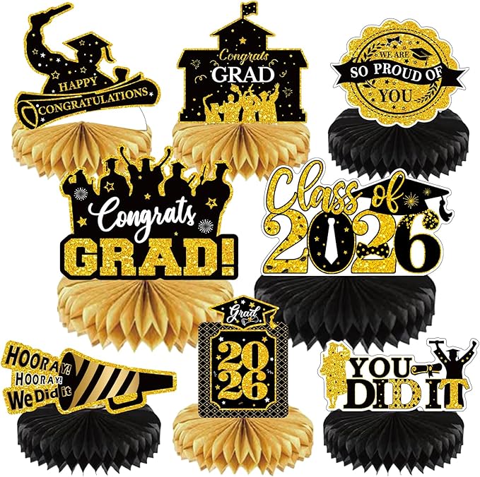 2026 Graduation Party Decorations - 8 Pcs Black Gold Class of 2026 Graduation Party Decor Honeycomb Centerpieces for Tables Congratulate for 2026 Congrats Grad Party Supplies