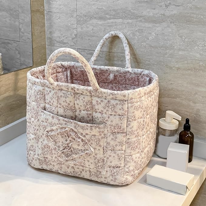 HiTotes Floral Storage Car Basket Diaper Caddy Organizer Quilted Laundry Basket Foldable Nursery Hamper Bag