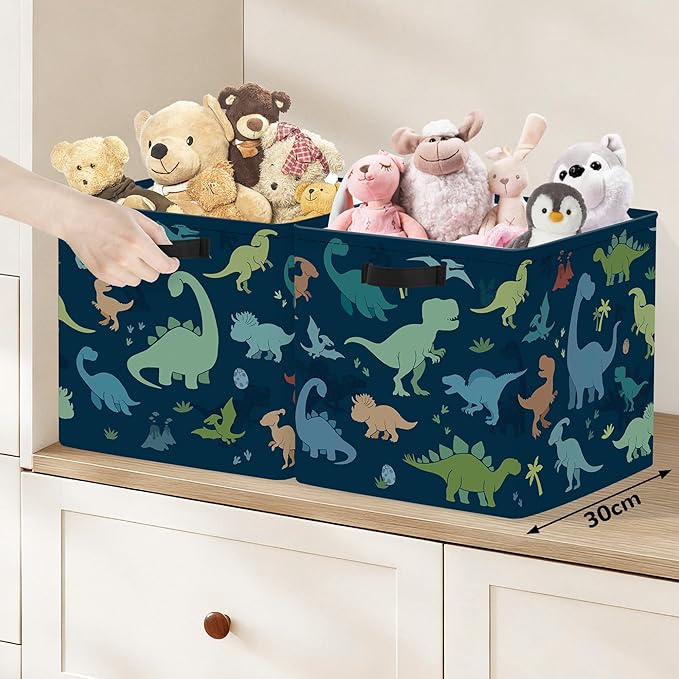 Clastyle 3 Pack 11.8'' Fabric Dinosaur Storage Basket for Shelves Collapsible Closet Organizers with Metal Frame Bottom Board Large Kid Clothes Toy Book Cube Bin for Playroom Bedroom,Watercolor