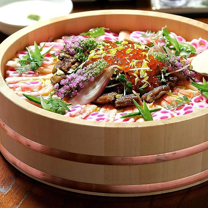 Wooden Hangiri Sushi Rice Mixing Bowl Tub Sushi Oke with Copper Bands Sushi DIY Home Sushi Tool for Restaurant Home Kitchen 39cm/15.3in (27cm/10.6in)