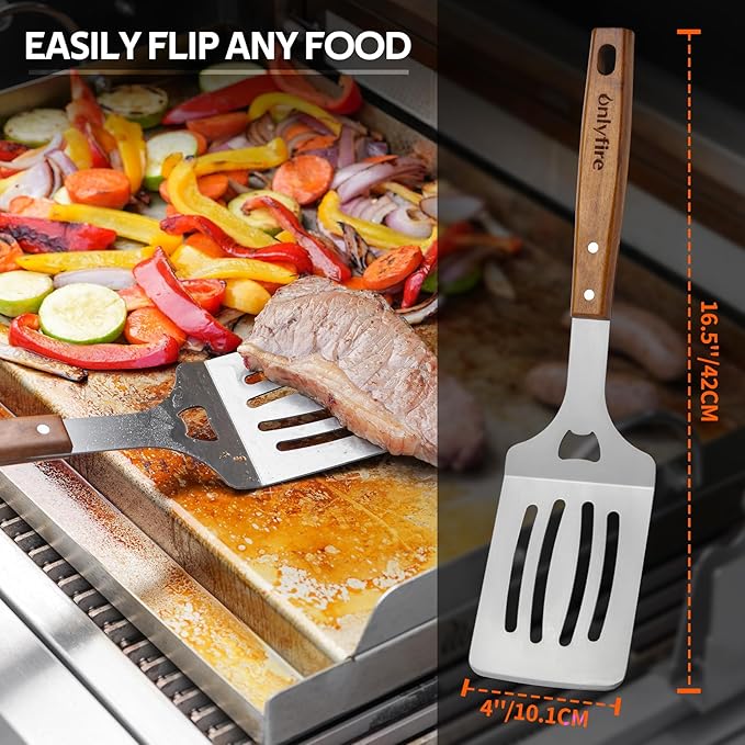 onlyfire Grill Tool Set Stainless Steel Griddle Accessories for Outdoor Camp Chef, Multifunctional Grill Utensil Set Including Grill Spatula, Meat Fork, Barbecue Tong and BBQ Gloves - Set of 5