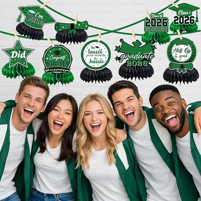 Graduation Decorations 2026 - Green Graduation Honeycomb for Table Centerpiece | Graduation Party Decorations Class of 2026,Table Toppers for Graduation Party Favors Supplies Indoor Outdoor