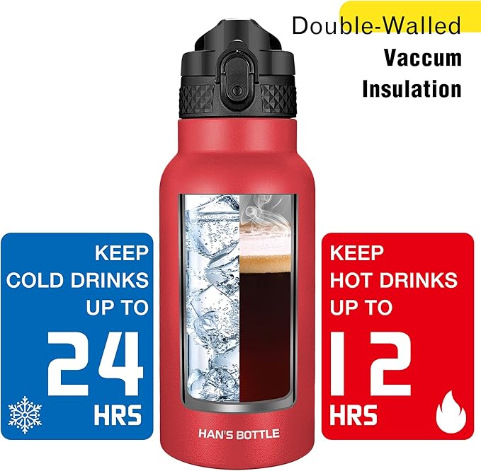 Han's Bottle Kids Water Bottle with Straw Lid - Insulated Stainless Steel Reusable Tumbler for Girls,Boys,Thermo Mug,17oz,Red