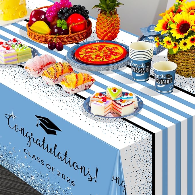 MASHAN 12 Pack Class of 2026 Graduation Tablecloths,Foil Dot Plastic Disposable Rectangle Table Covers for 2026 High School University College Graduation Party Decorations,108 * 54 Inch (Light Blue)